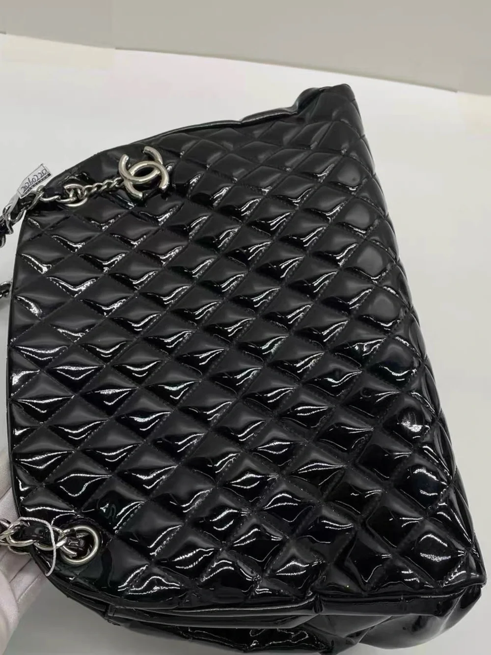 CHANEL Black Quilted Patent Shoulder Bag with Chain and CC Charm